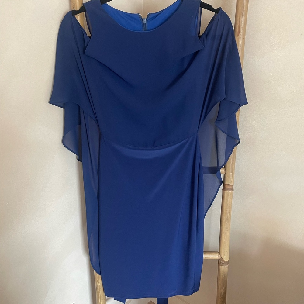 Le Chateau Blue Asymmetrical Sheath Dress with Flutter Sleeves